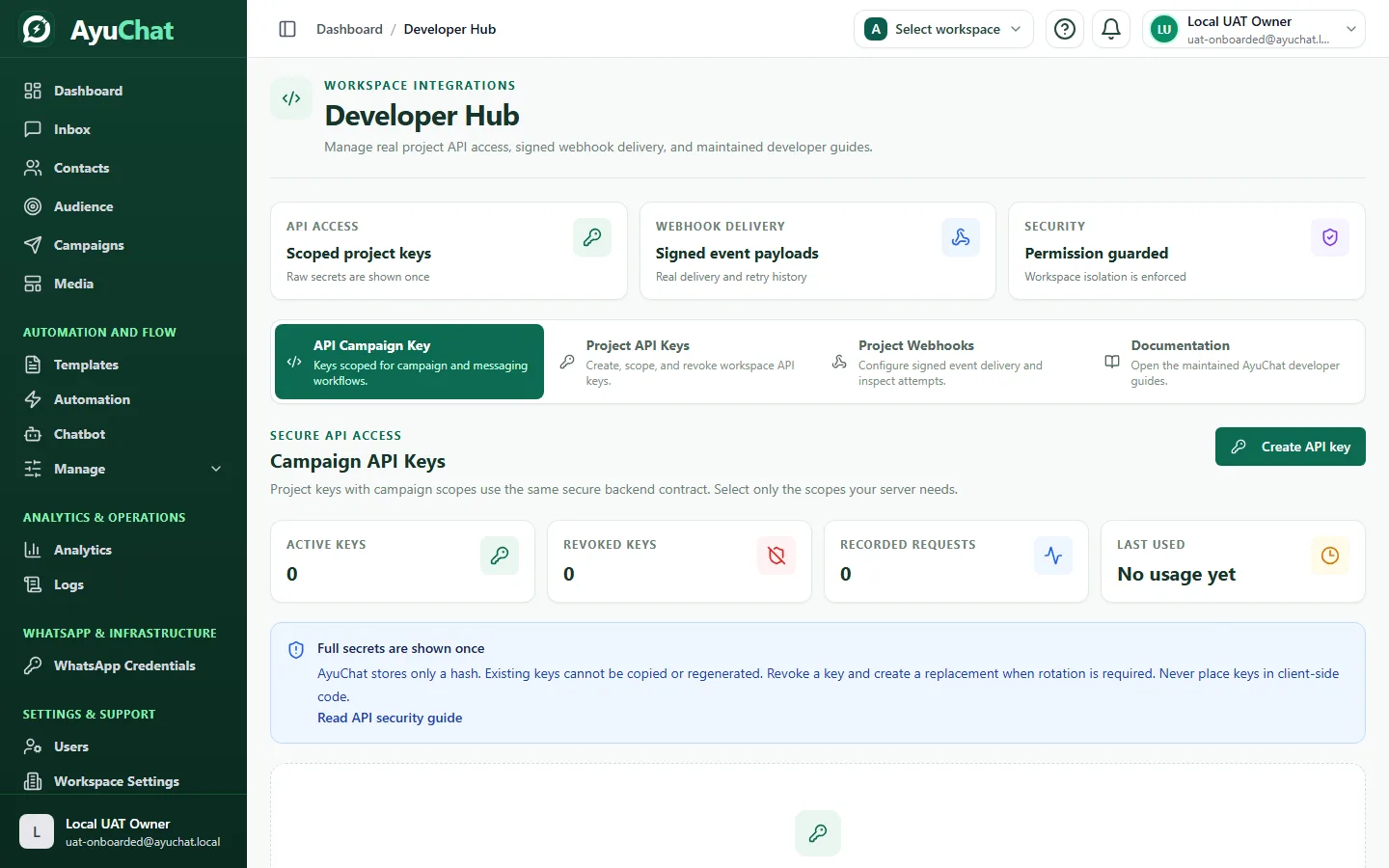 AyuChat Developer Hub showing API key and webhook management areas without exposing any secret value.