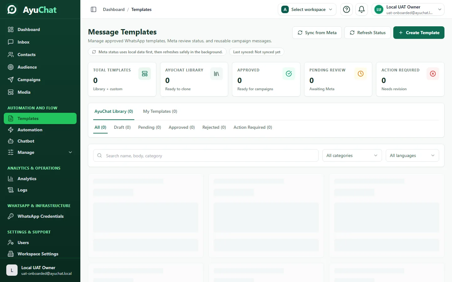 AyuChat Inbox action area for sending an approved template in a synthetic conversation.